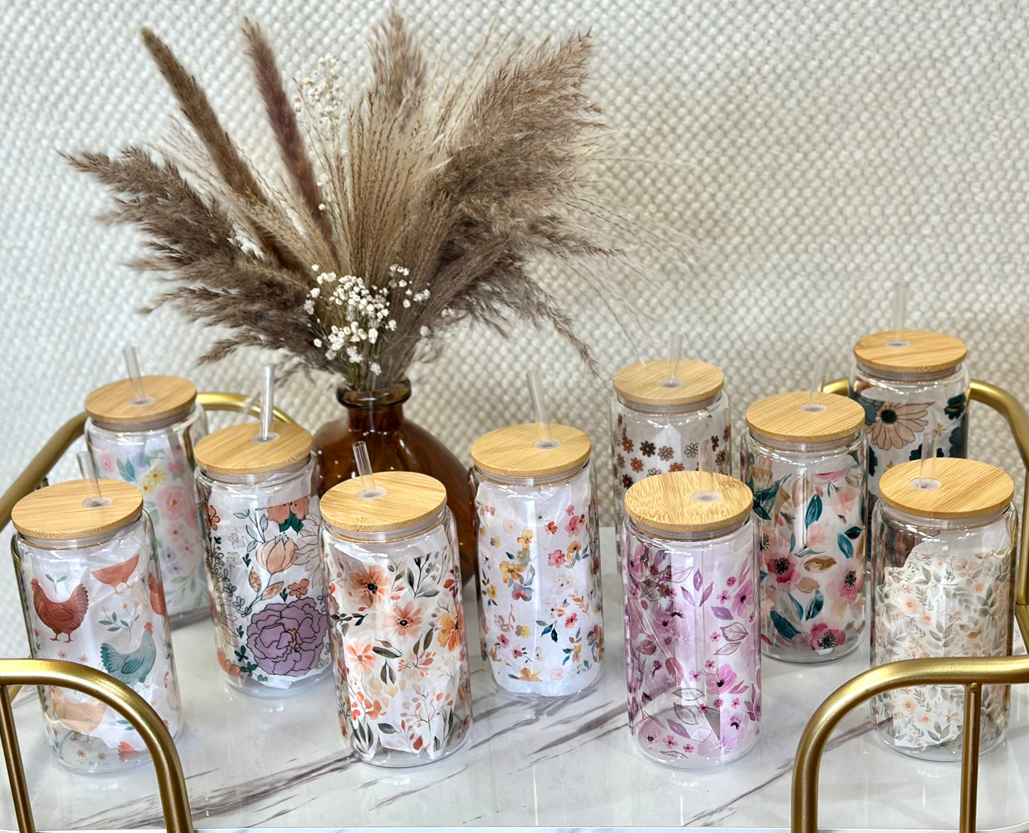 Glass cup with bamboo lid (various patterns)