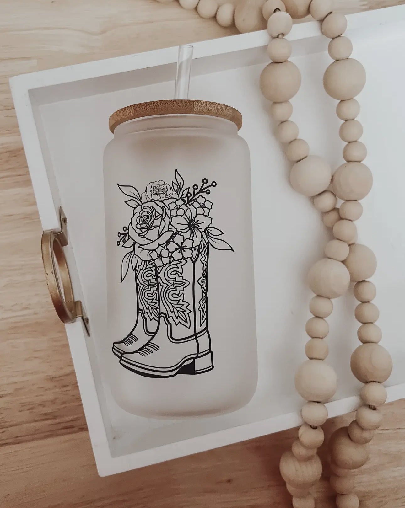 Glass cup with bamboo lid (various patterns)