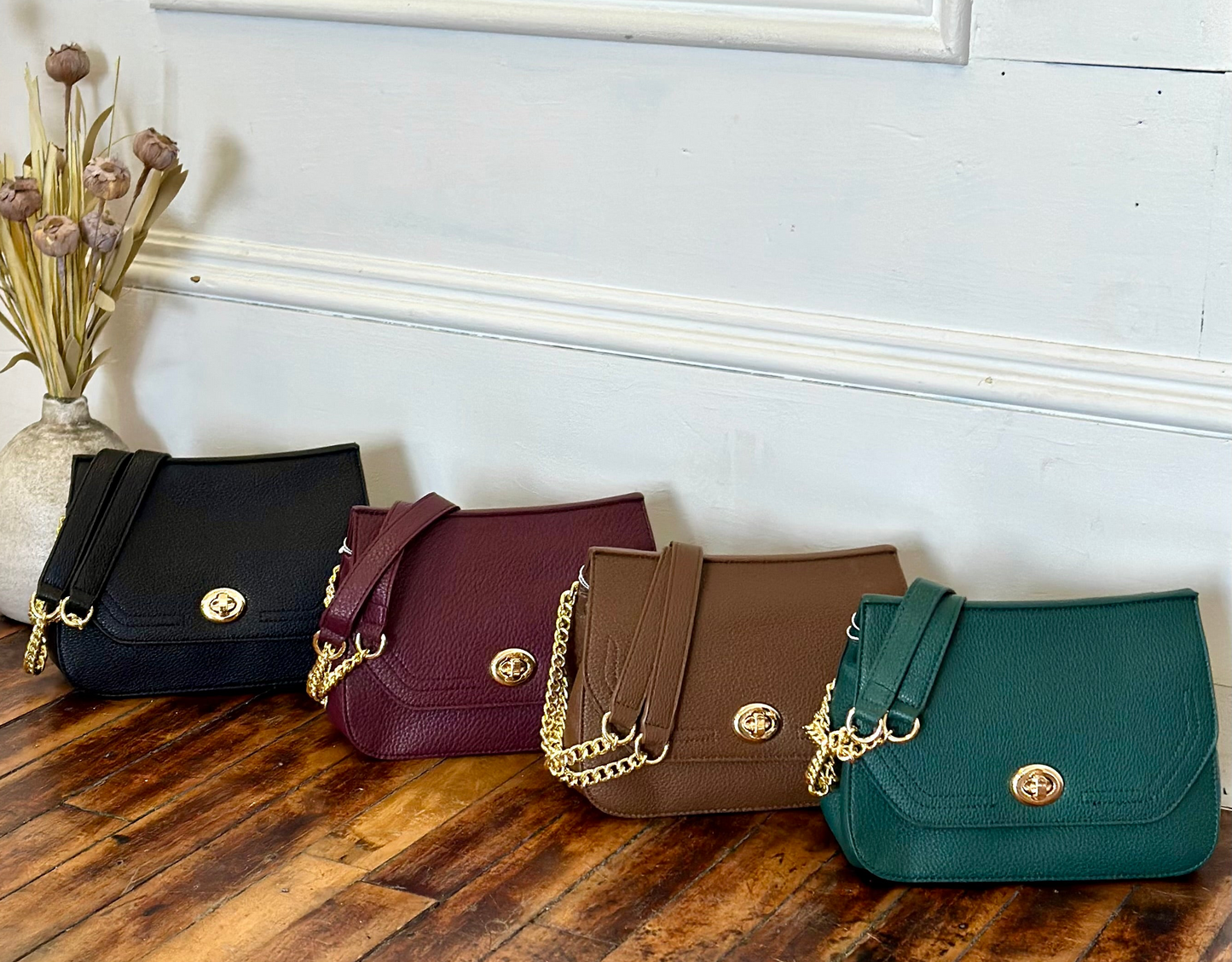 Twist lock crossbody bag w/ chain link strap (various)