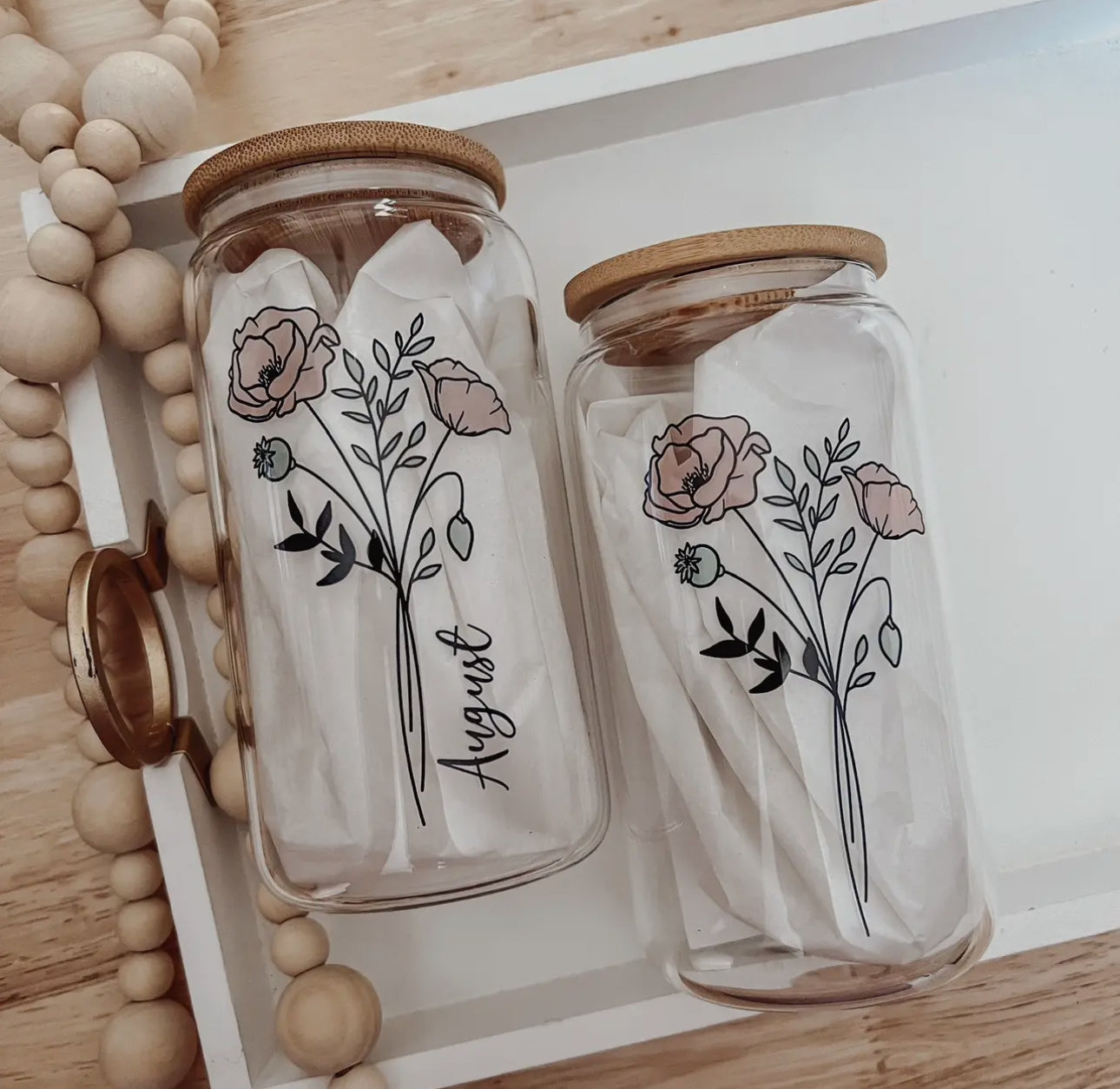 Birth flower glass cup with bamboo lid