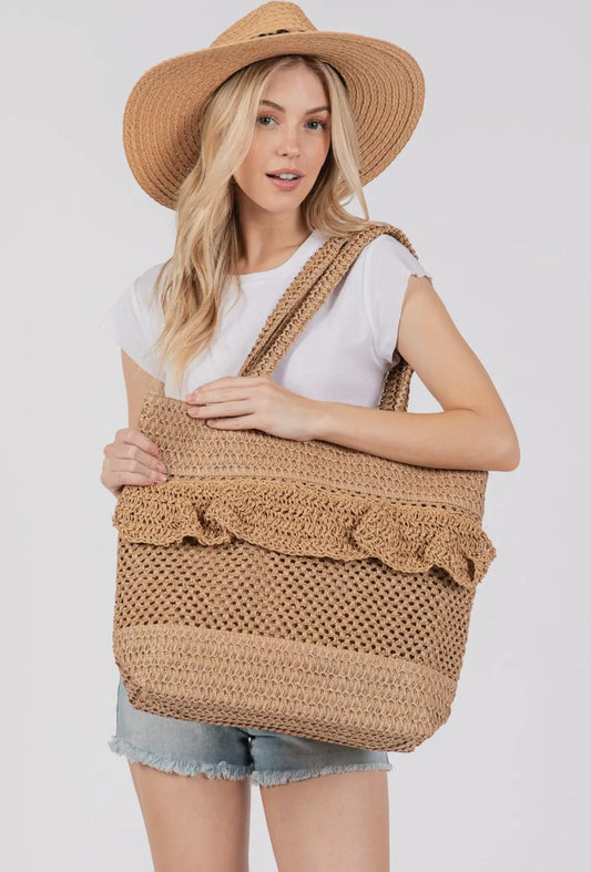 Crochet straw ruffle tote bag
