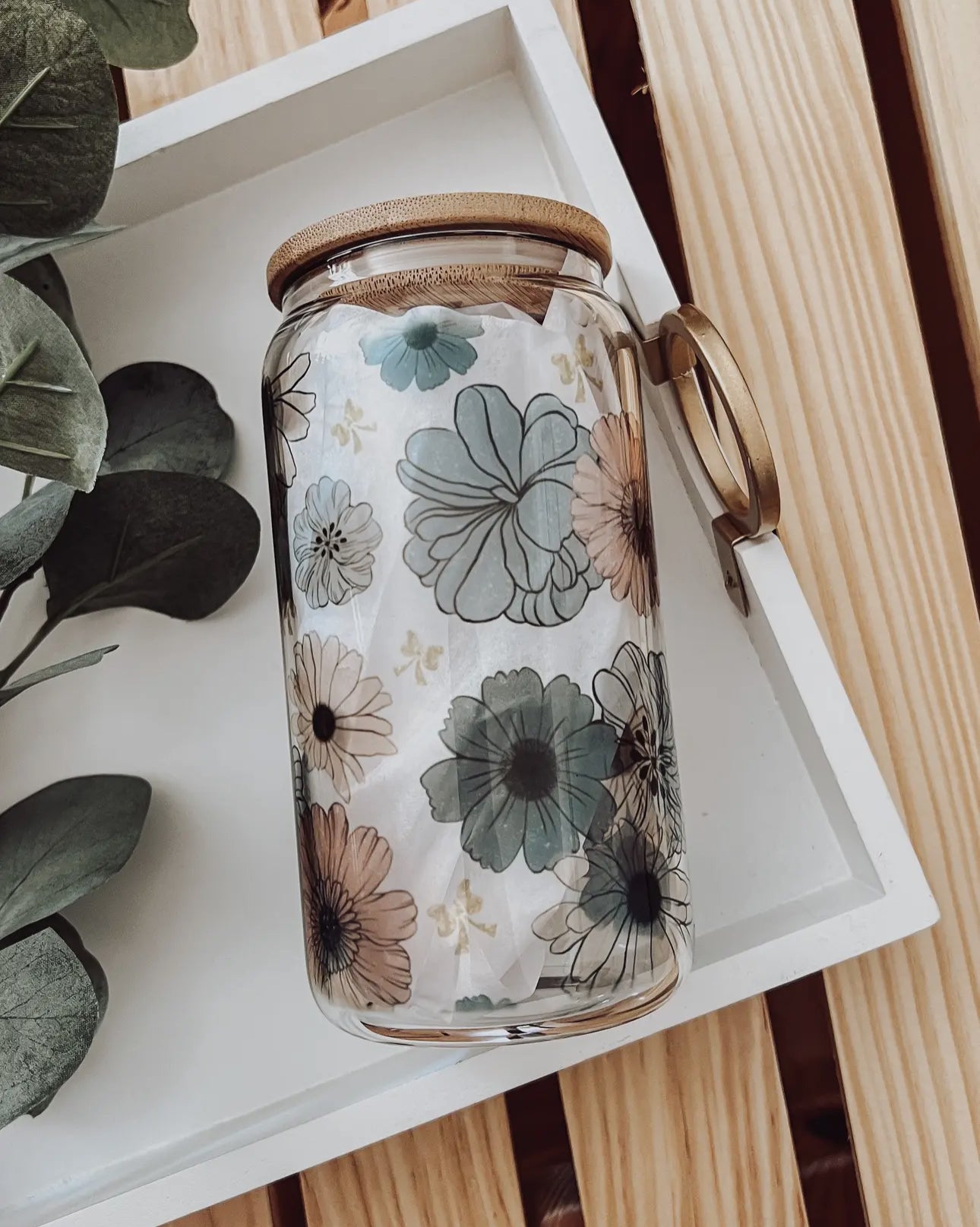 Glass cup with bamboo lid (various patterns)