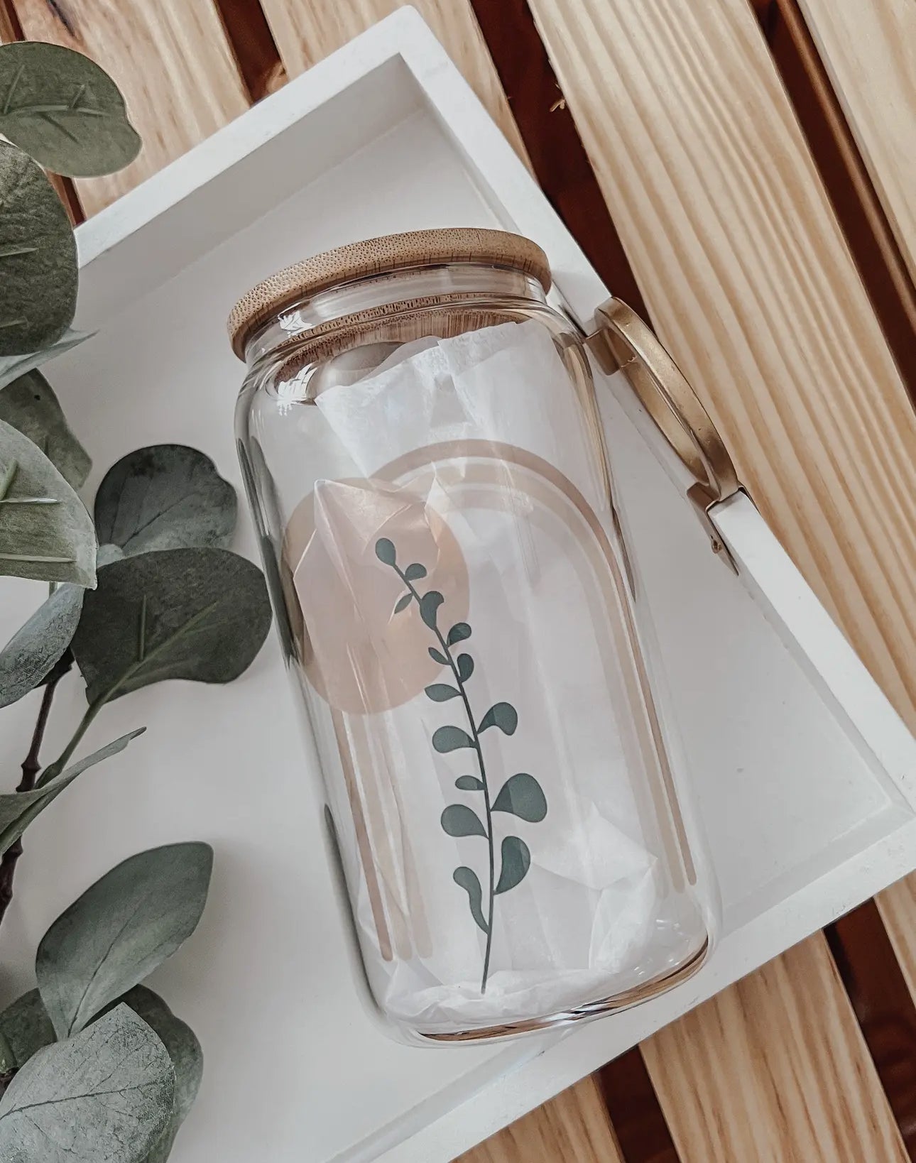 Glass cup with bamboo lid (various patterns)
