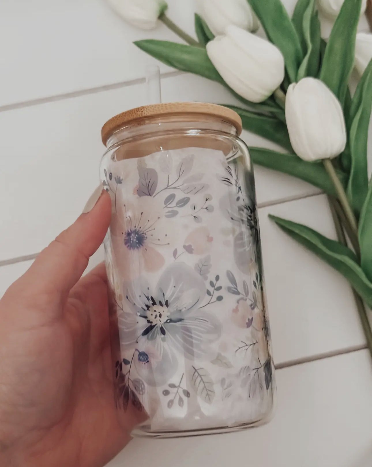 Glass cup with bamboo lid (various patterns)