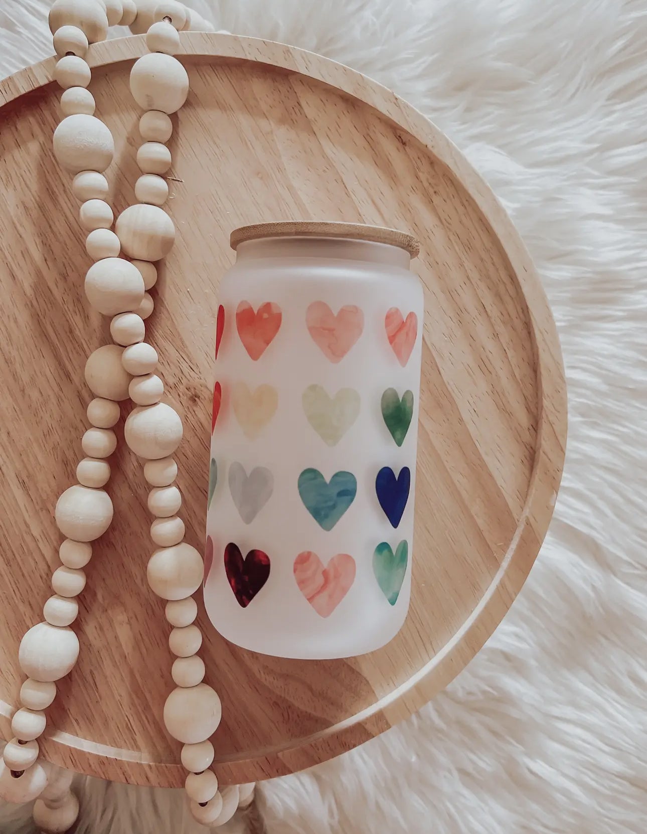 Glass cup with bamboo lid (various patterns)
