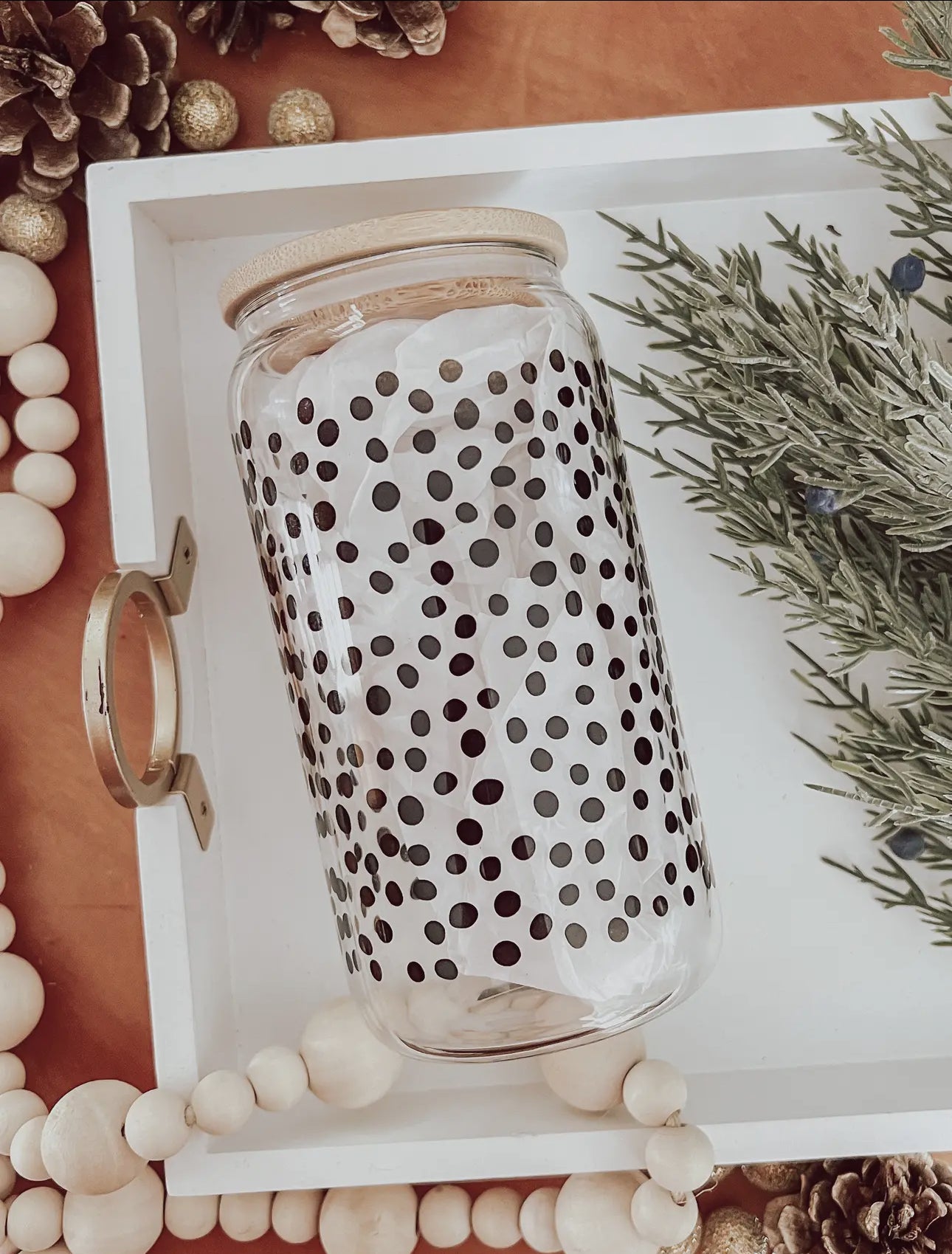 Glass cup with bamboo lid (various patterns)