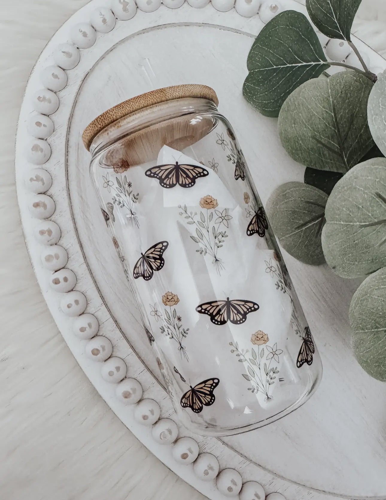 Glass cup with bamboo lid (various patterns)