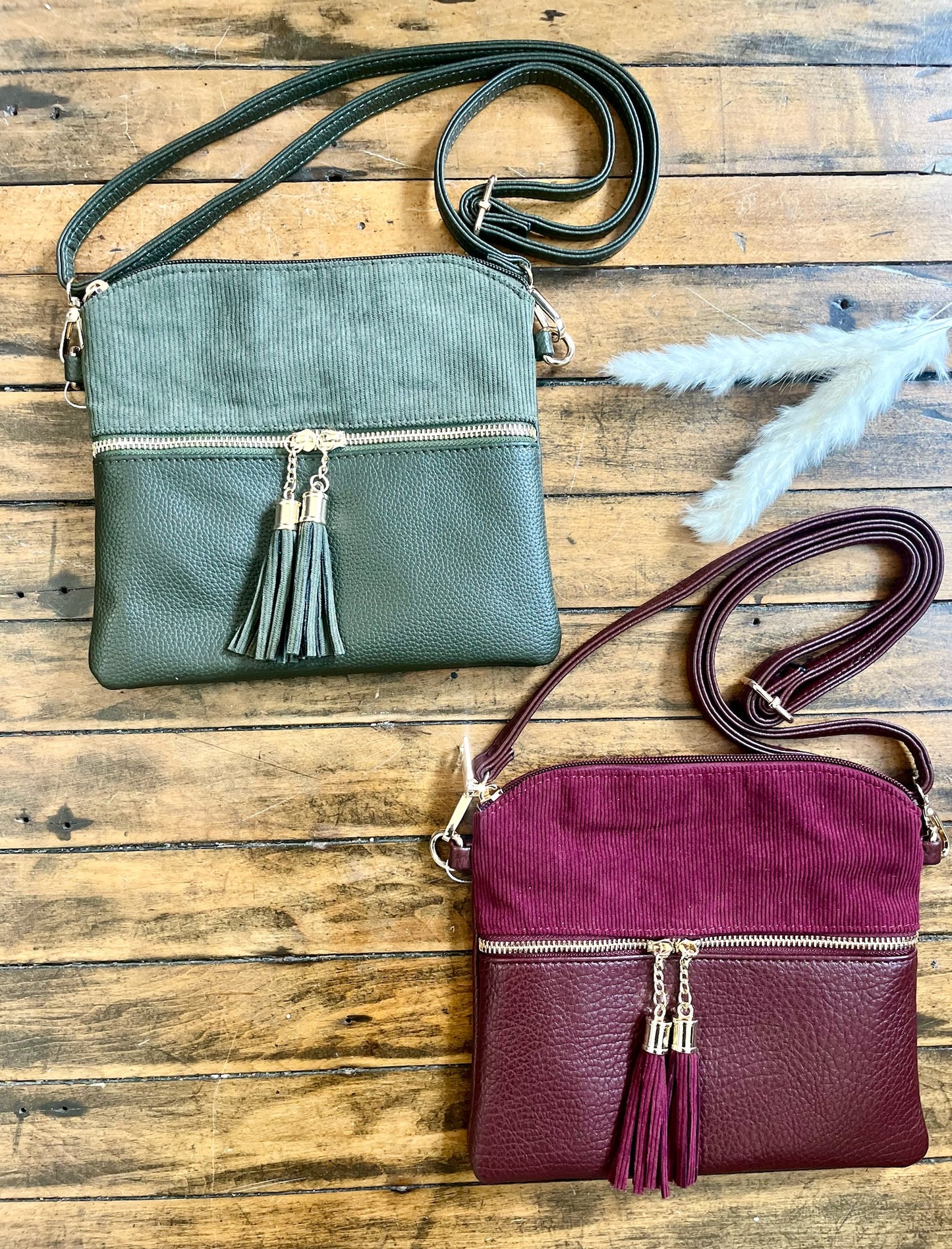 Corduroy dual zip crossbody (various)