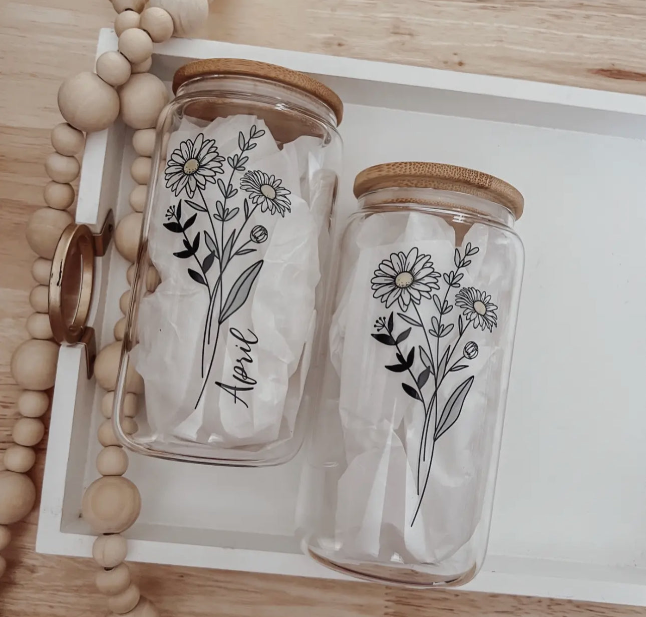 Birth flower glass cup with bamboo lid