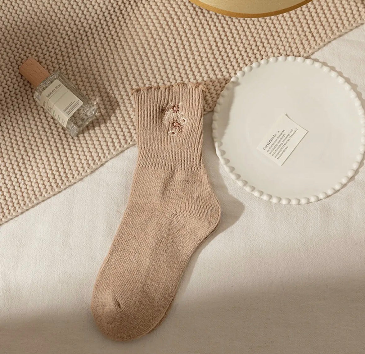 Flower embroidered ruffle socks (various)