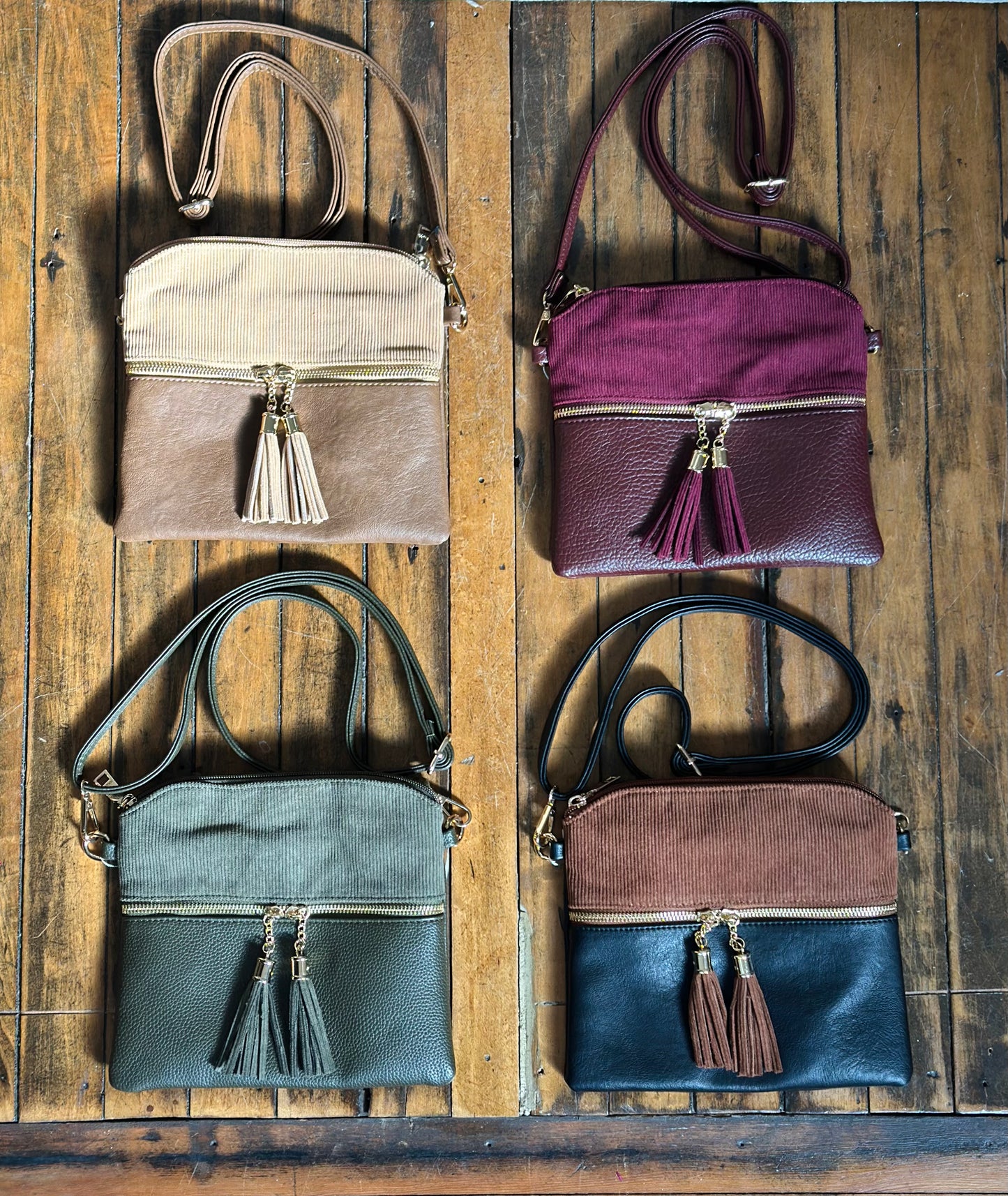 Corduroy dual zip crossbody bag (various)