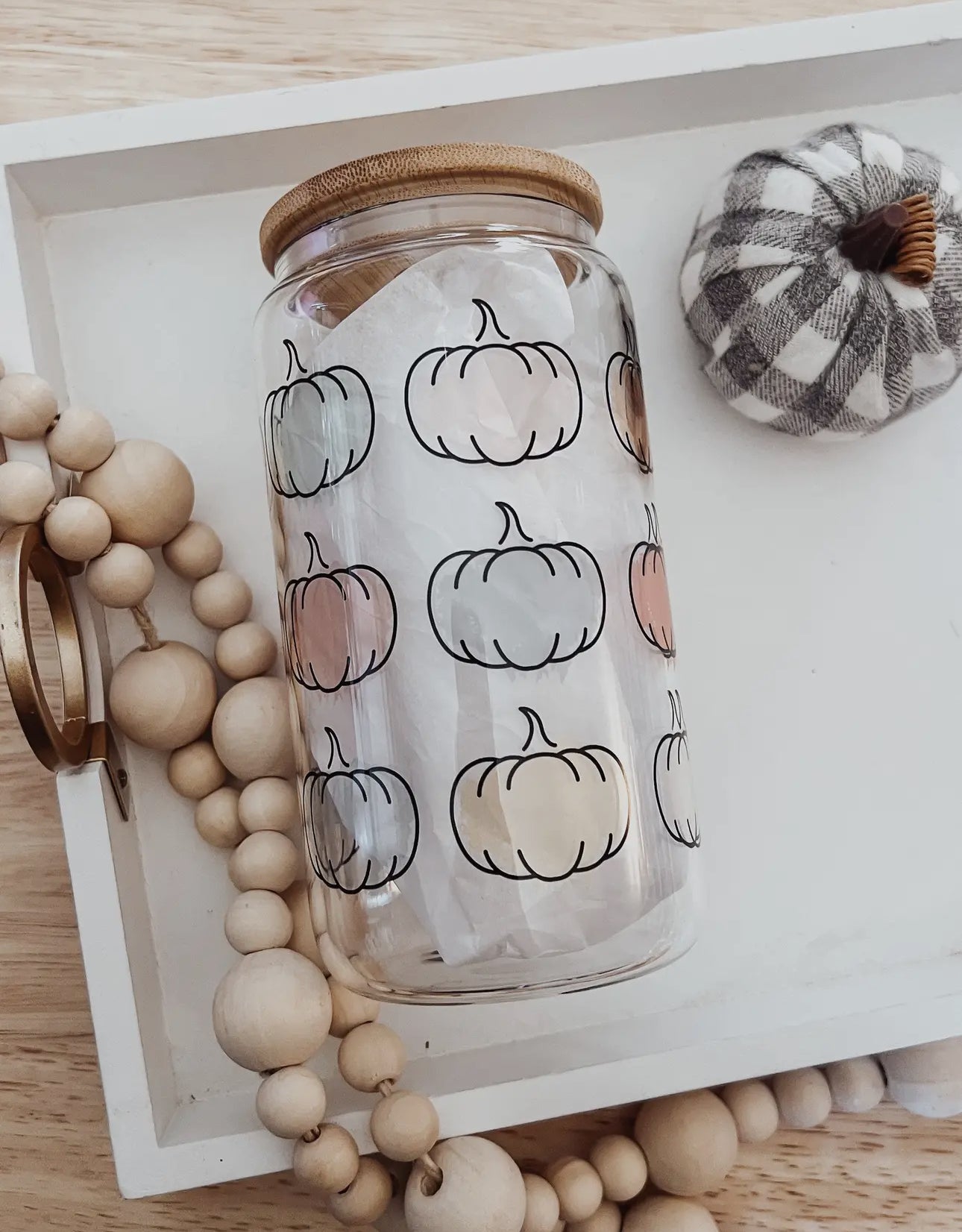 Glass cup with bamboo lid (various patterns)