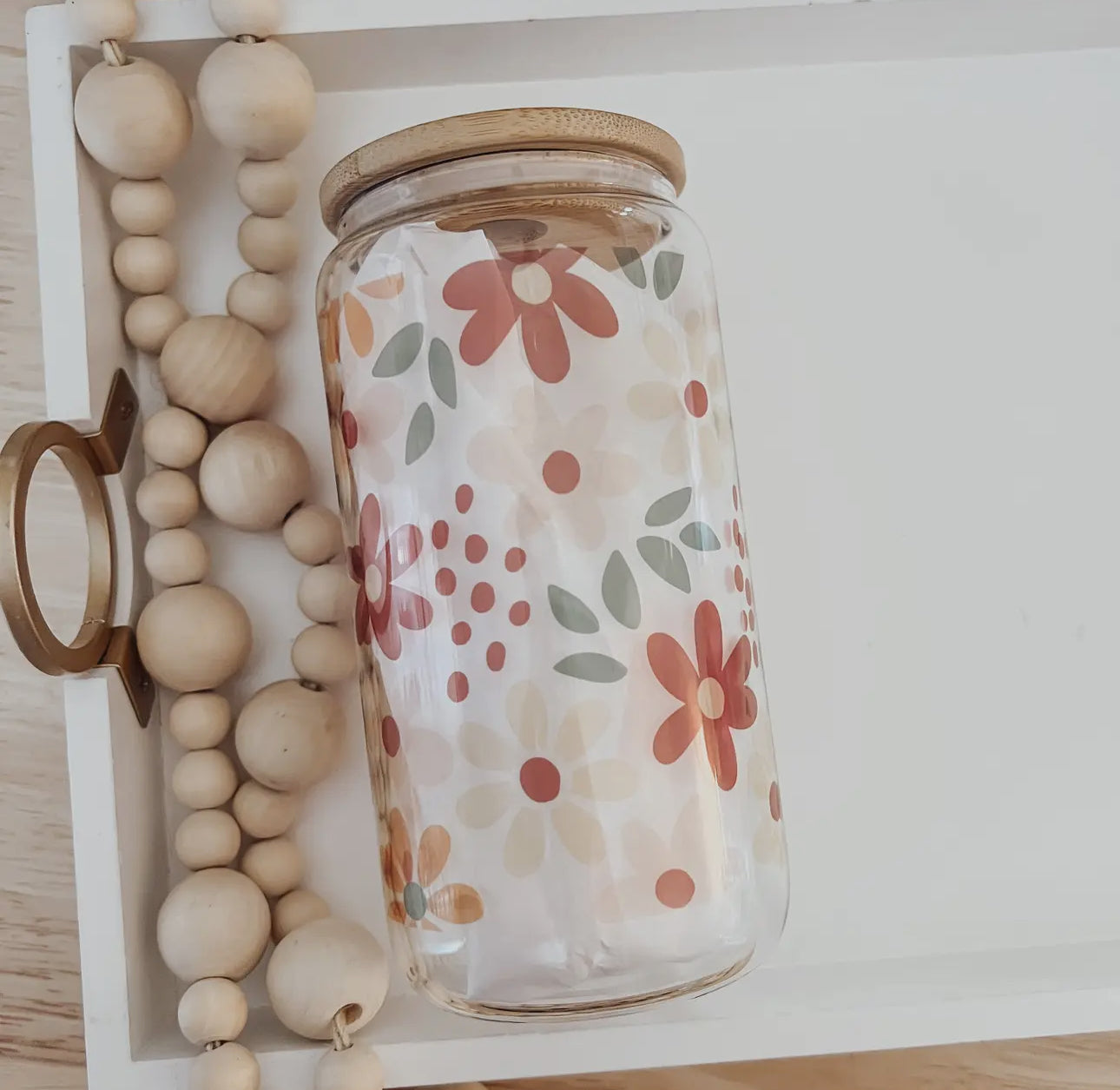 Glass cup with bamboo lid (various patterns)