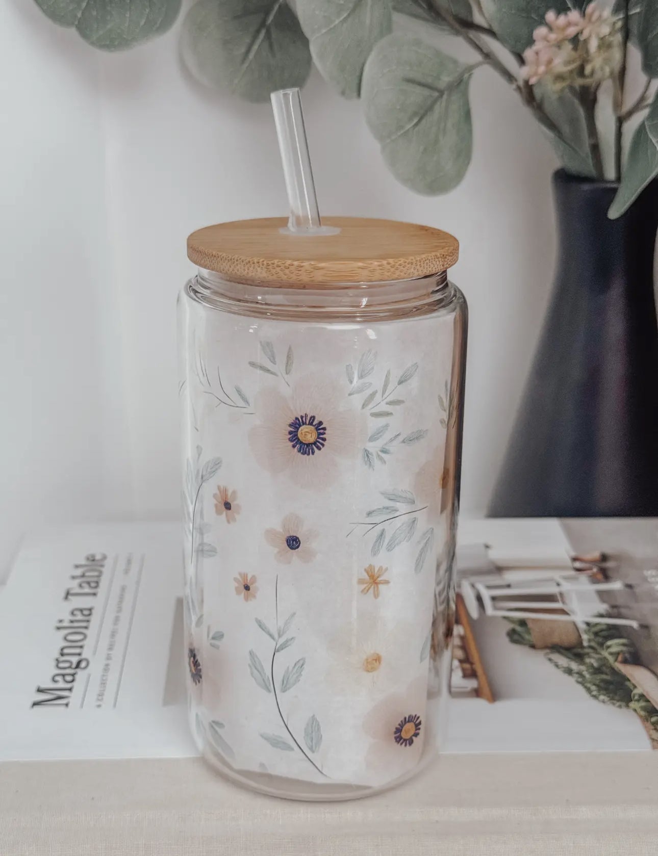 Glass cup with bamboo lid (various patterns)