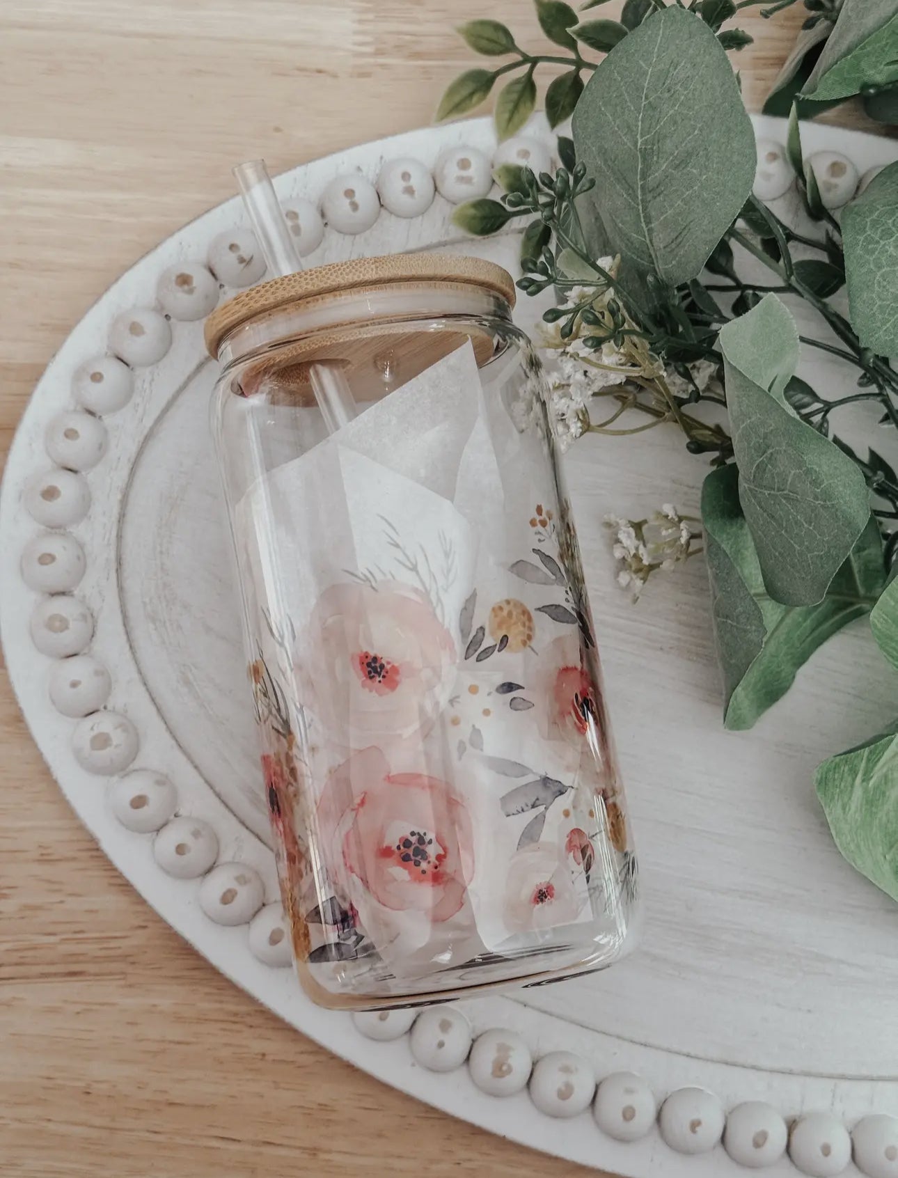 Glass cup with bamboo lid (various patterns)