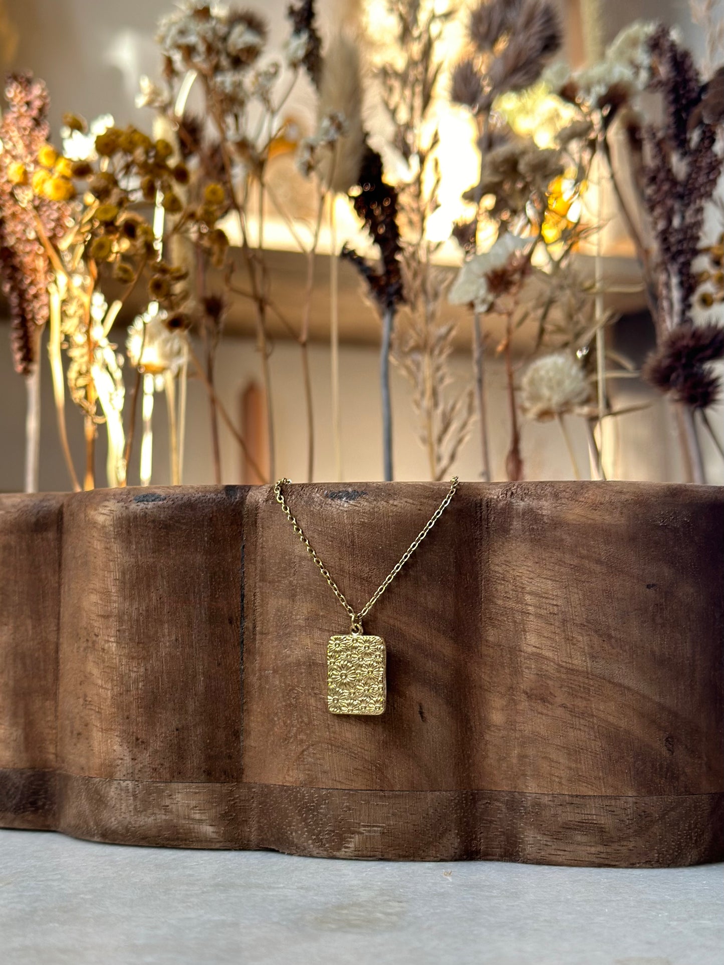 Floral stamped rectangle disc necklace