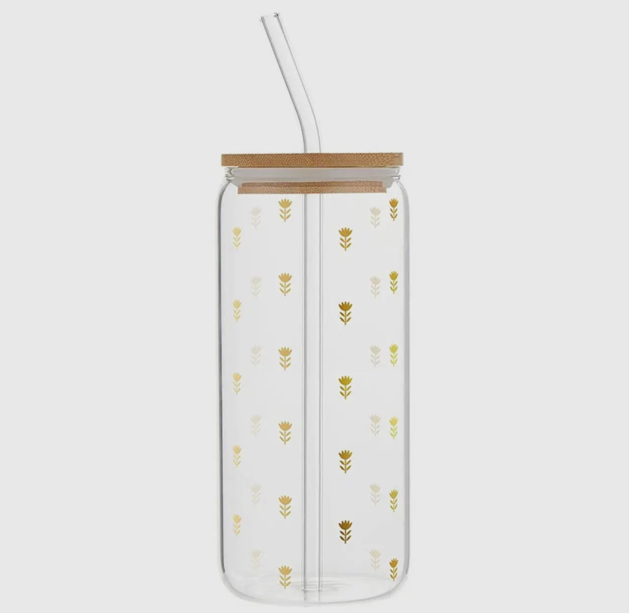 Gold flower glass cup with bamboo lid and straw