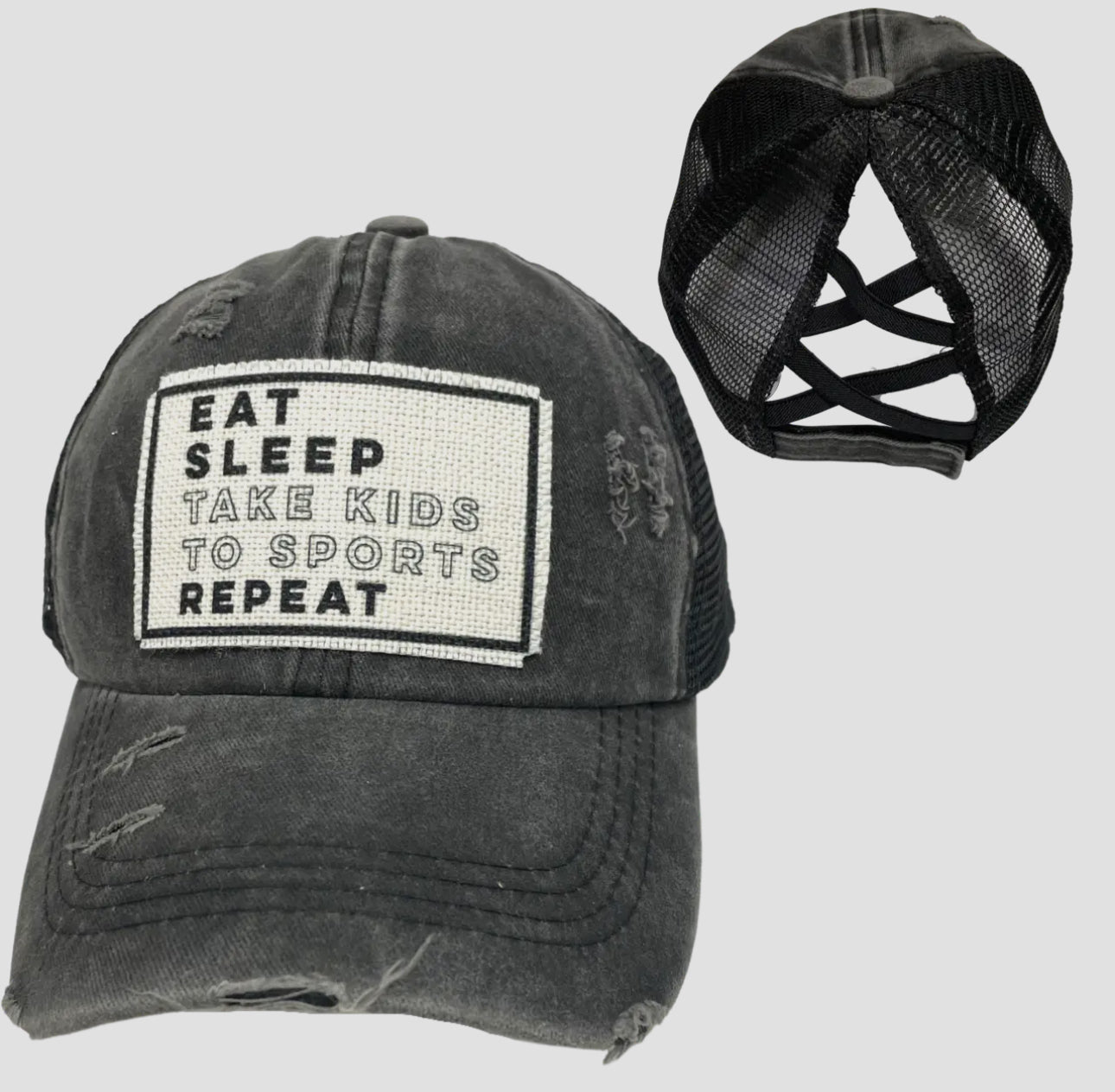 Eat sleep take kids to sports ponytail hat