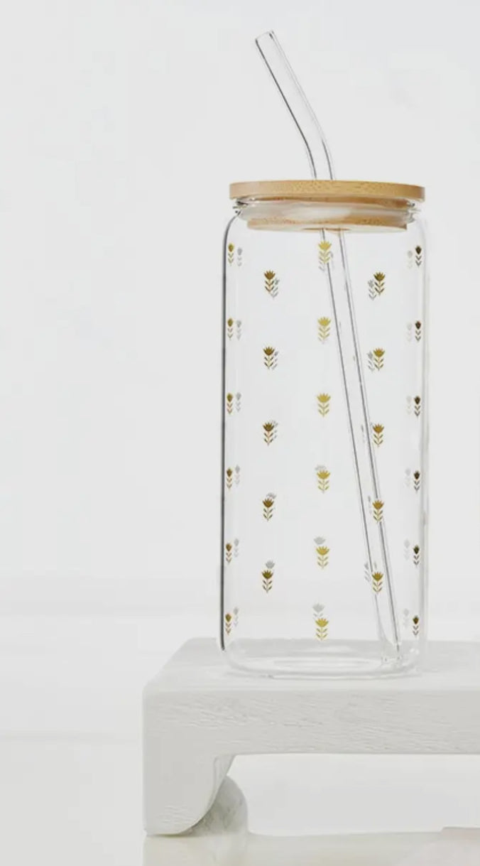 Gold flower glass cup with bamboo lid and straw