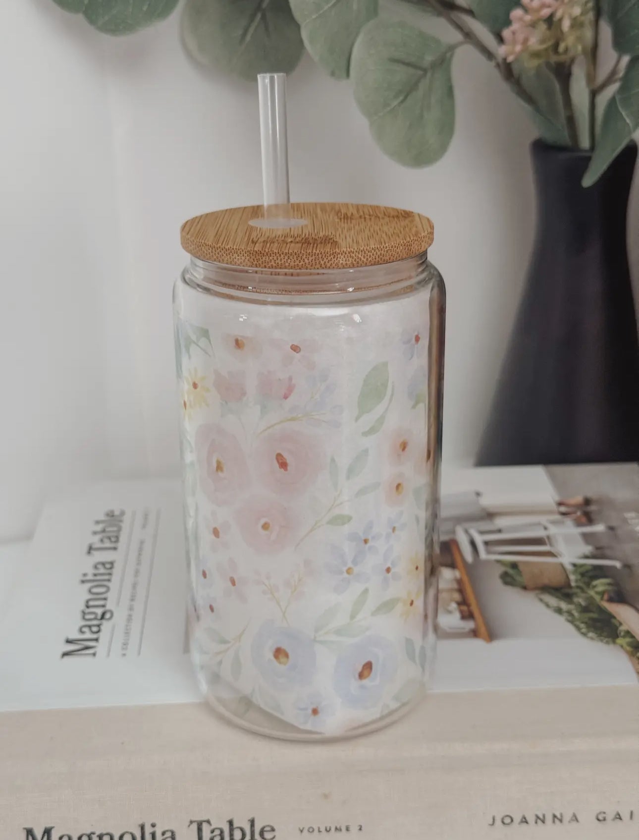 Glass cup with bamboo lid (various patterns)