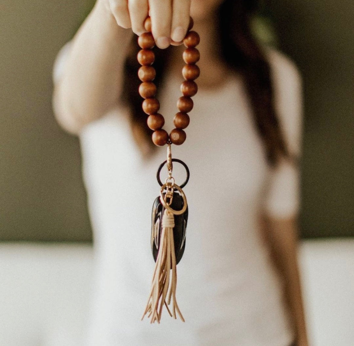 Wooden beaded keychain bracelet