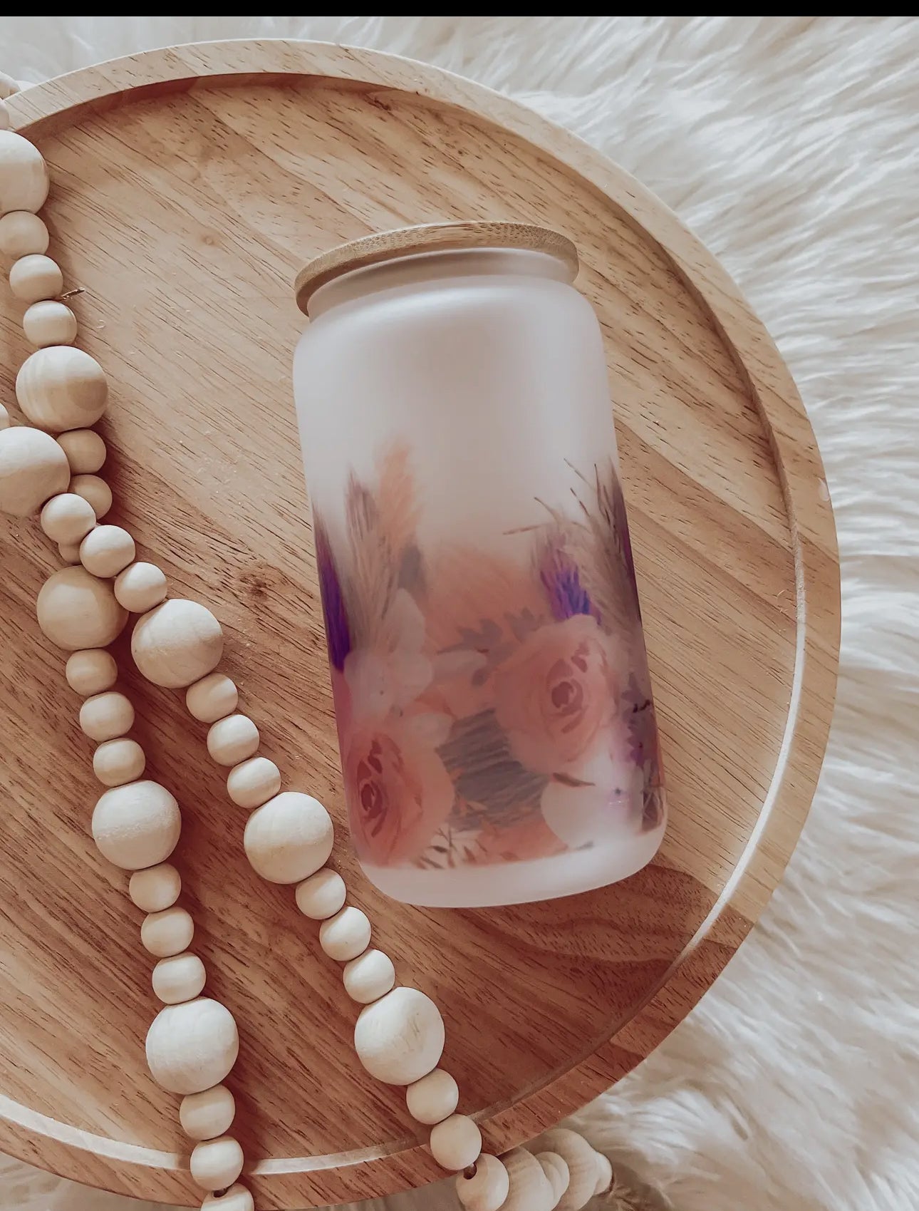 Glass cup with bamboo lid (various patterns)