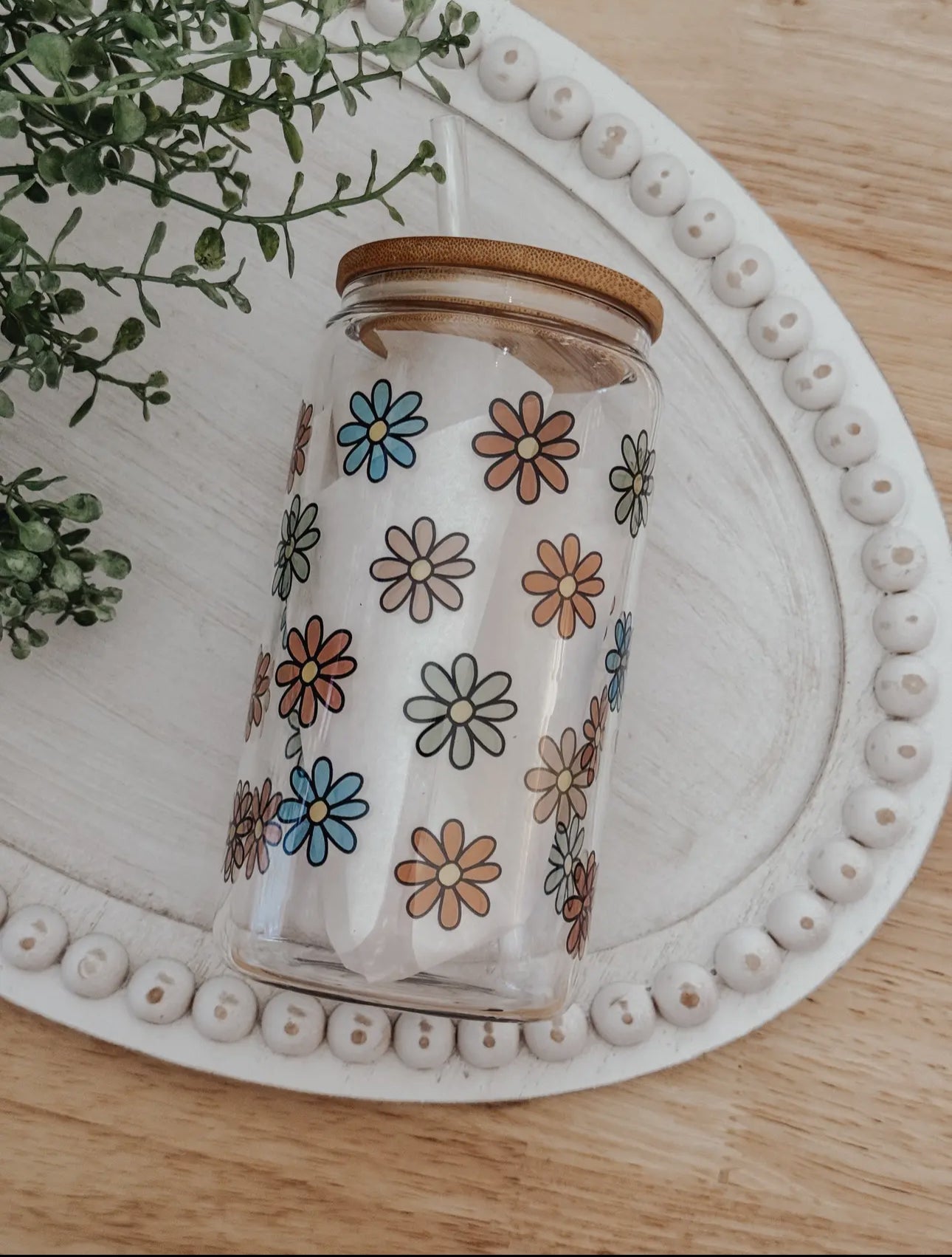 Glass cup with bamboo lid (various patterns)