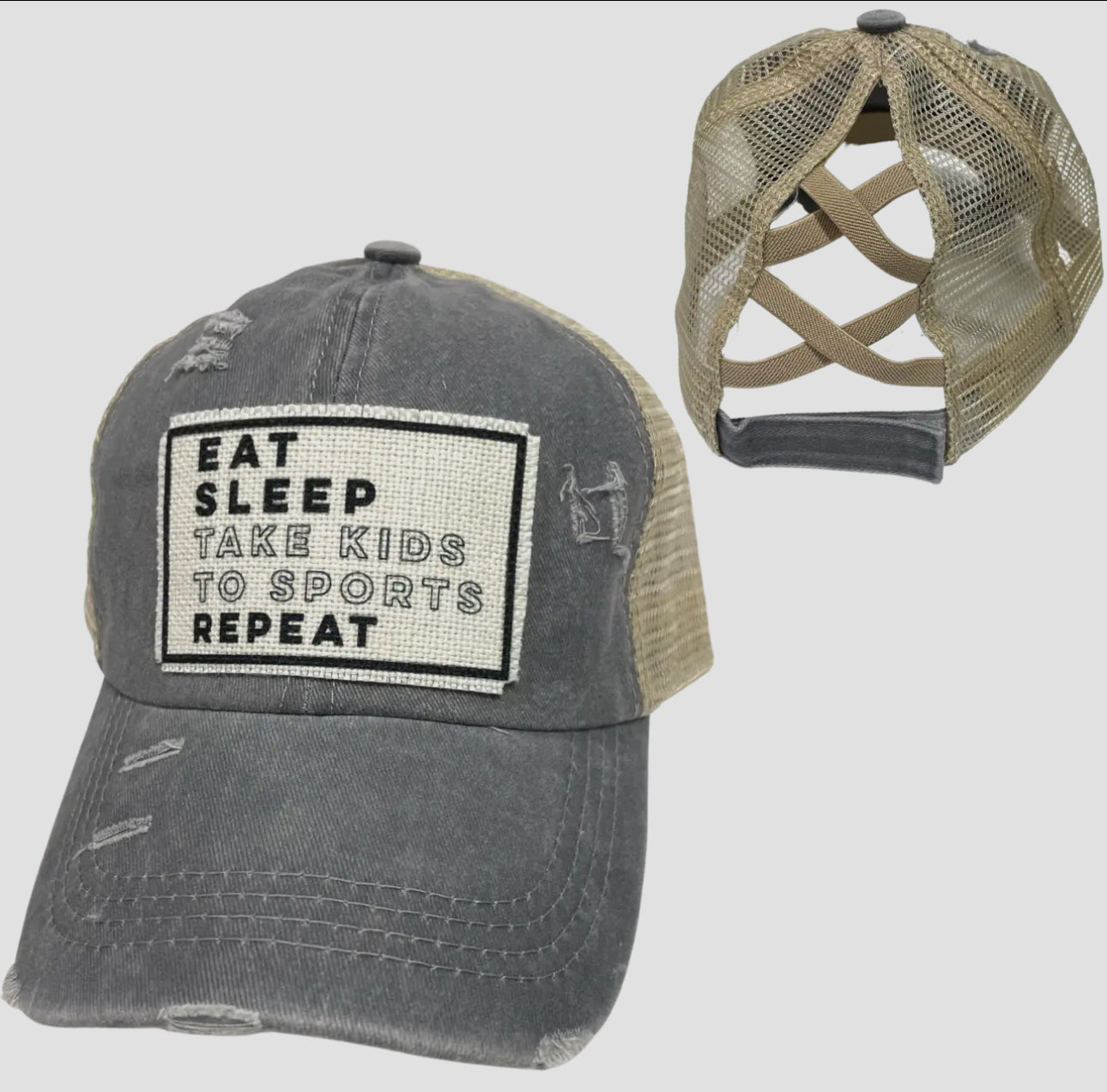 Eat sleep take kids to sports ponytail hat