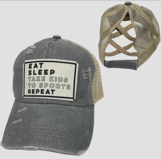 Eat sleep take kids to sports ponytail hat