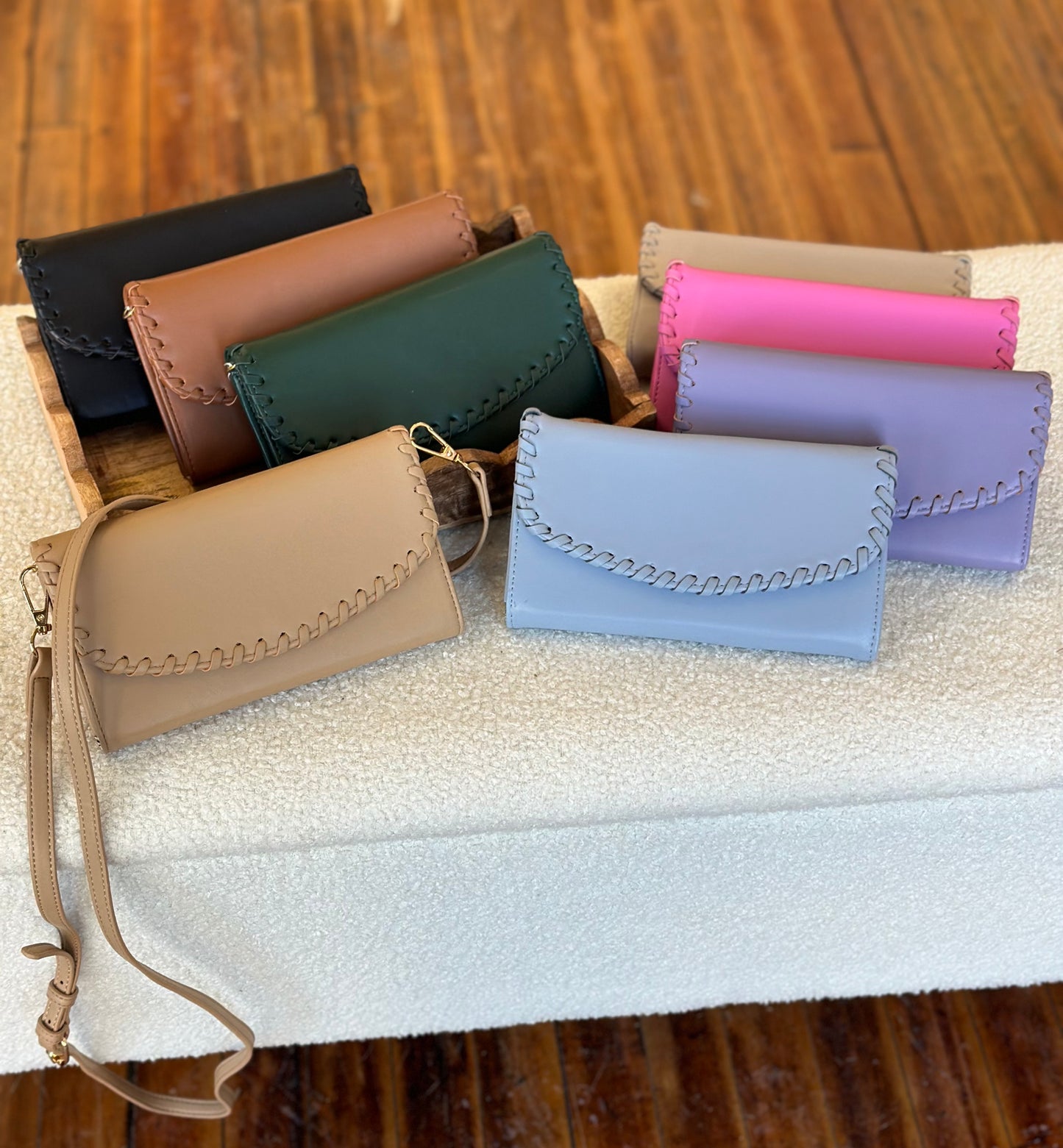 Whipstitch crossbody wallet (various)