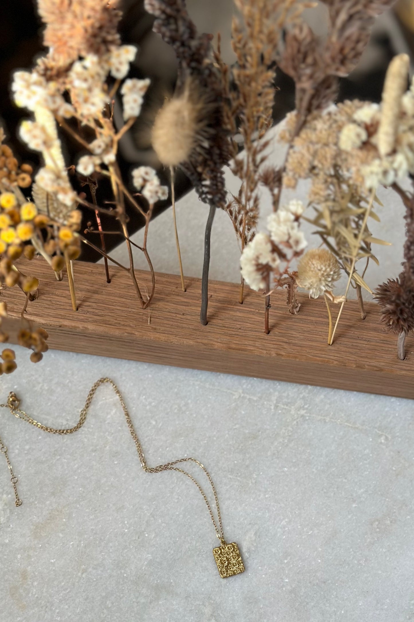 Floral stamped rectangle disc necklace