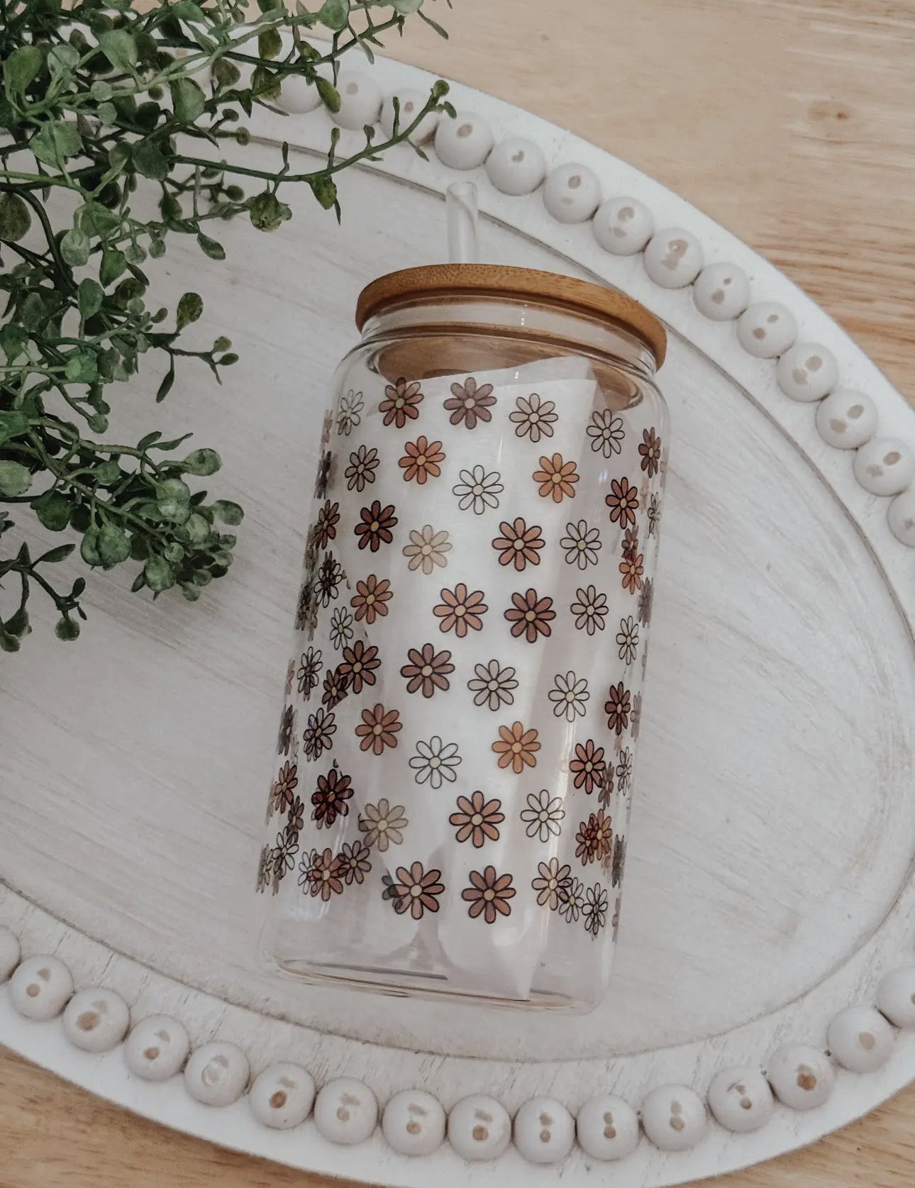 Glass cup with bamboo lid (various patterns)