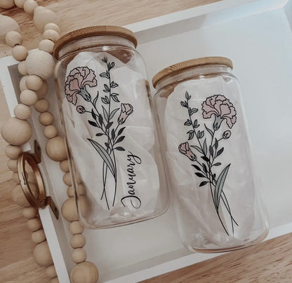 Birth flower glass cup with bamboo lid