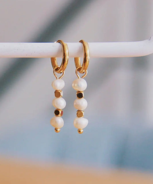 Pearl trio hoop charm earrings