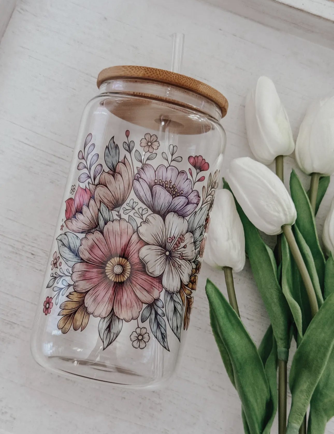 Glass cup with bamboo lid (various patterns)