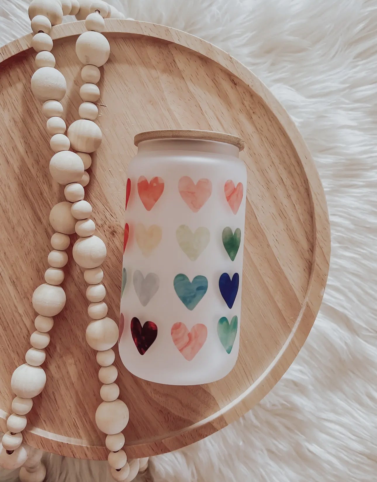 Glass cup with bamboo lid (various patterns)