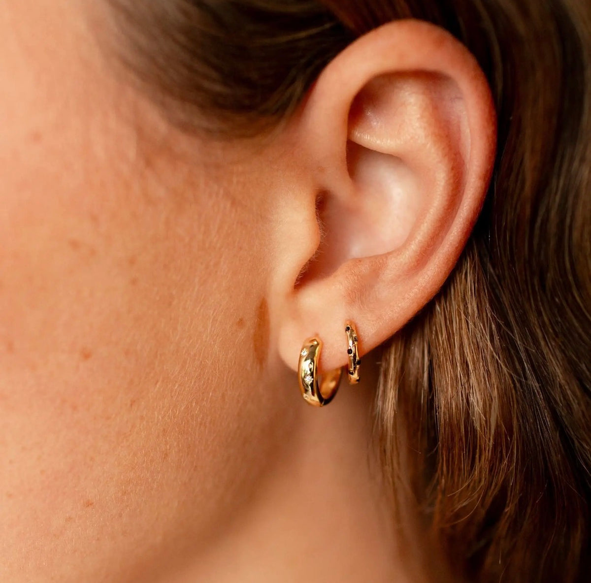 Black polka dot gold hoops