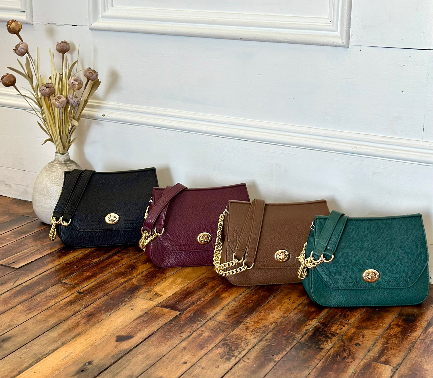 Twist lock crossbody bag w/ chain link strap (various)