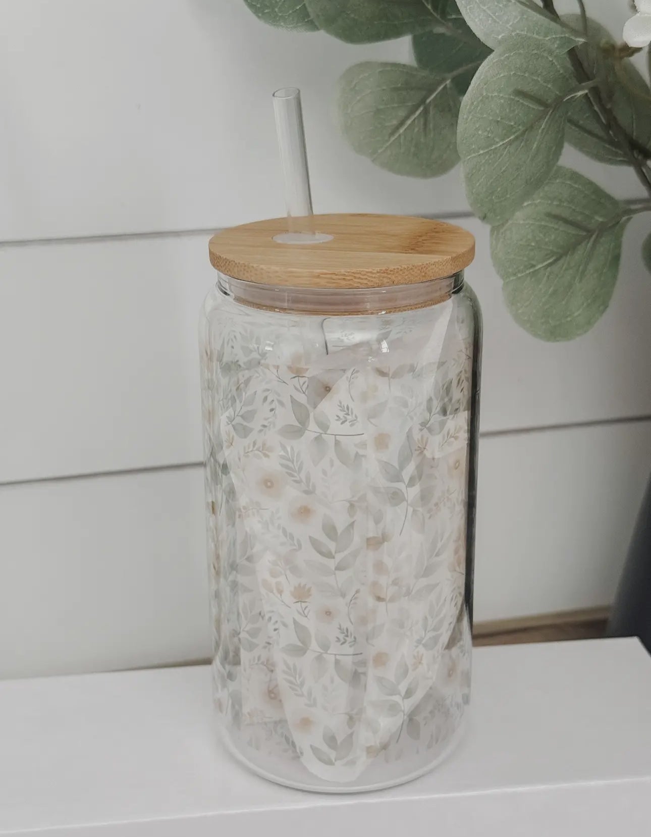 Glass cup with bamboo lid (various patterns)