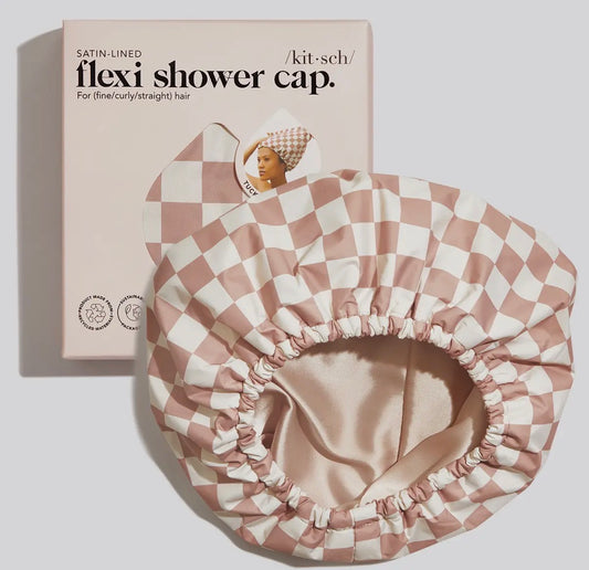 Kitsch satin lined flexi shower cap - terracotta checkered