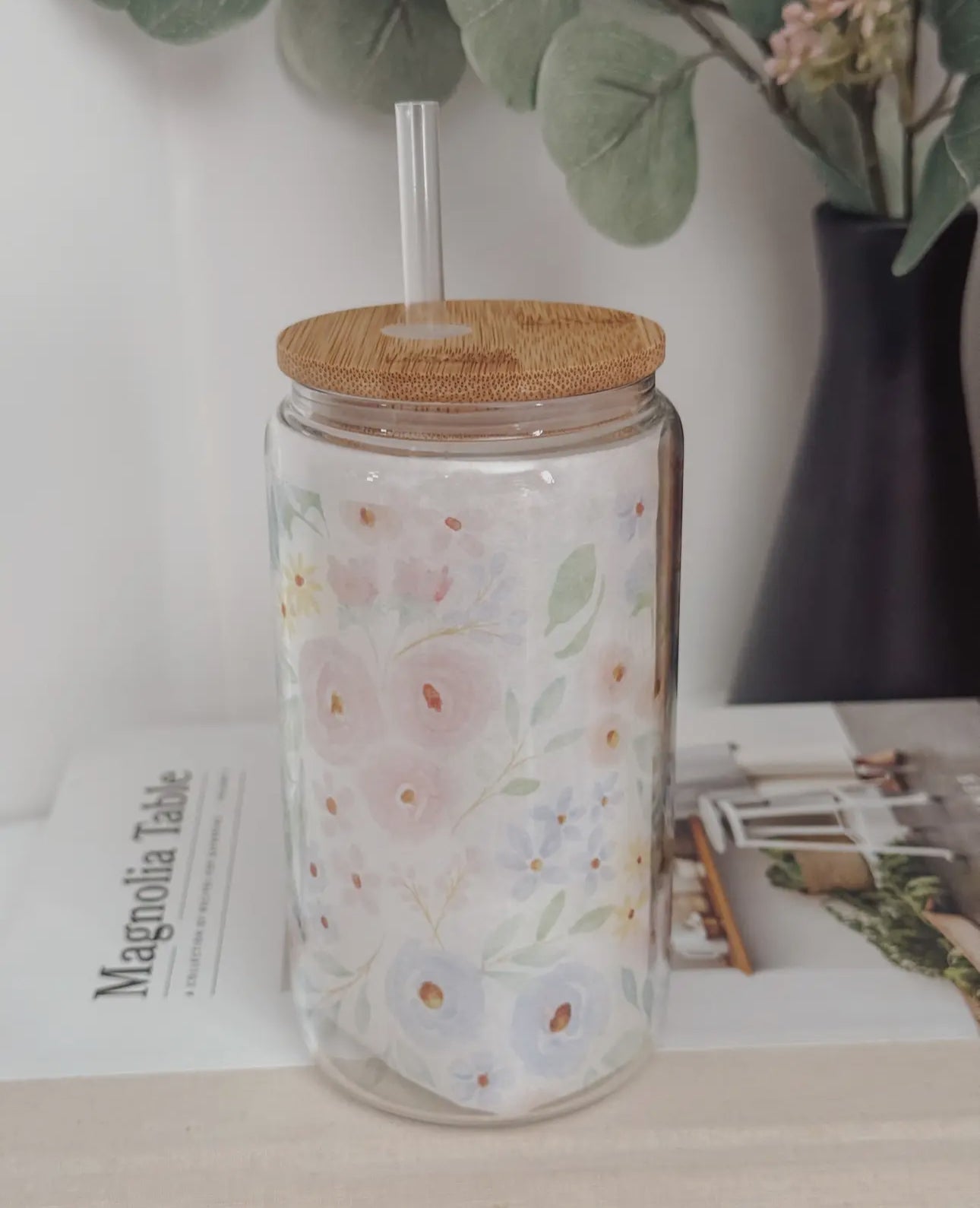 Glass cup with bamboo lid (various patterns)
