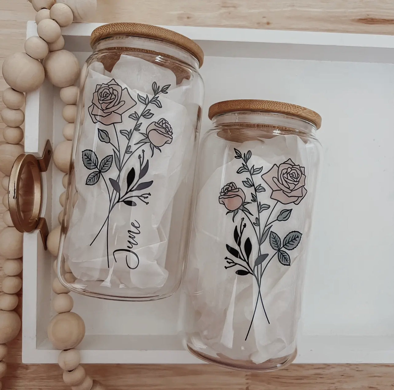 Birth flower glass cup with bamboo lid