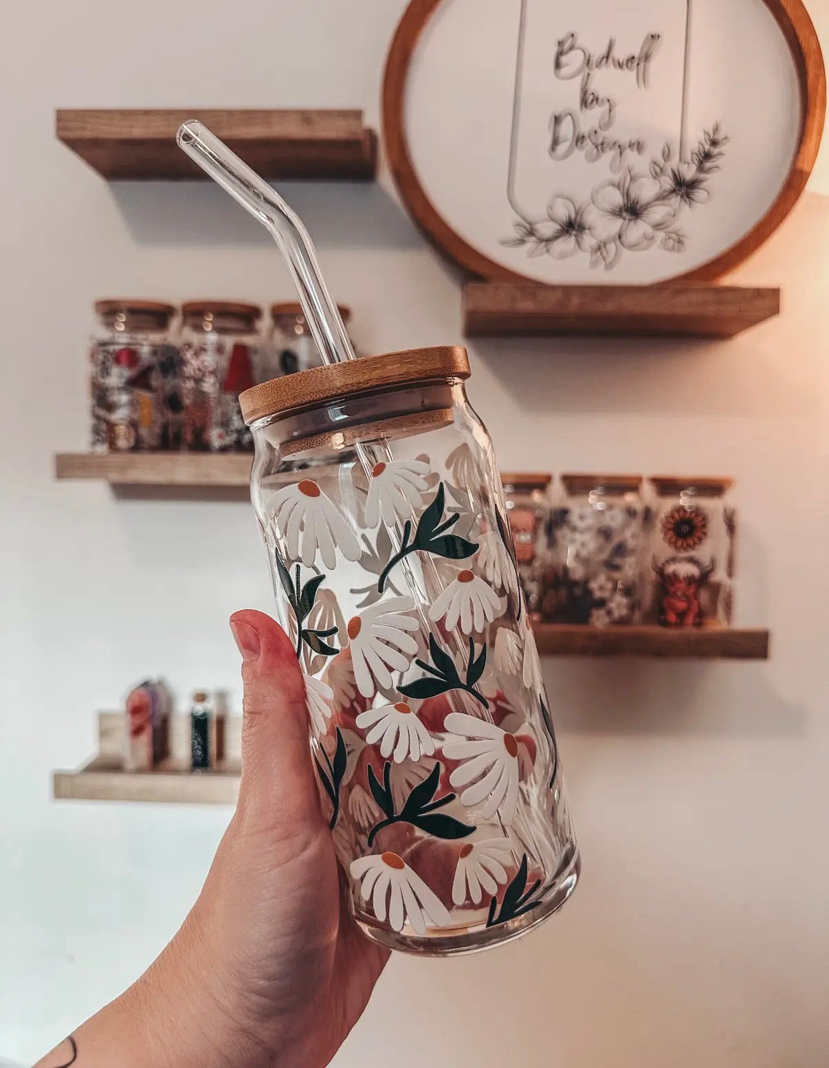 Glass cup with bamboo lid, 20 oz (various patterns)