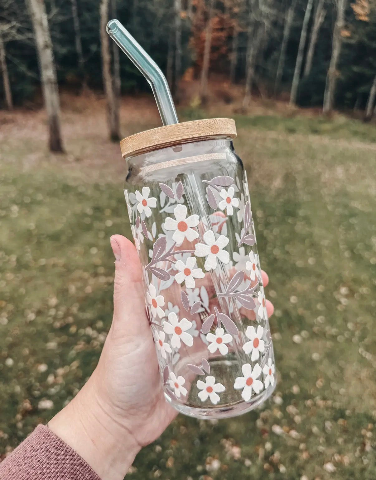 Glass cup with bamboo lid, 20 oz (various patterns)