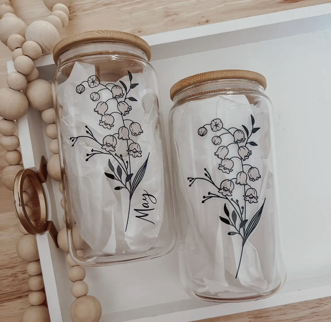 Birth flower glass cup with bamboo lid