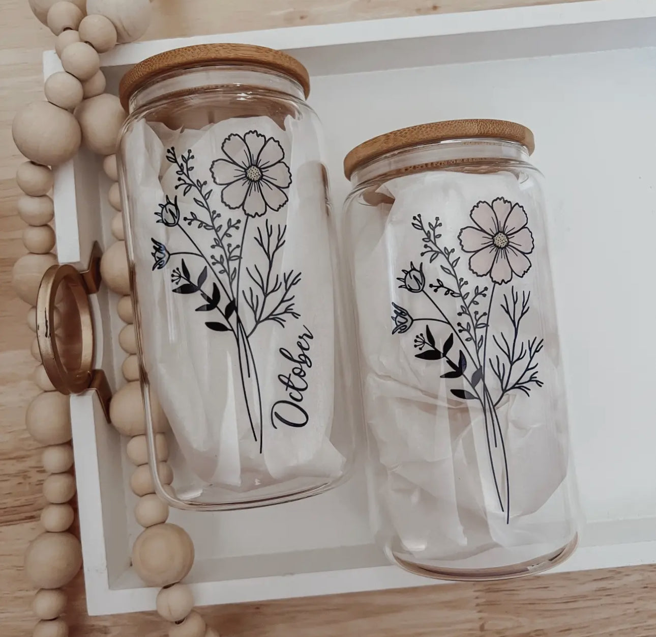 Birth flower glass cup with bamboo lid