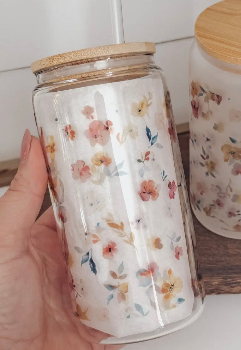 Glass cup with bamboo lid, 16 oz (various patterns)