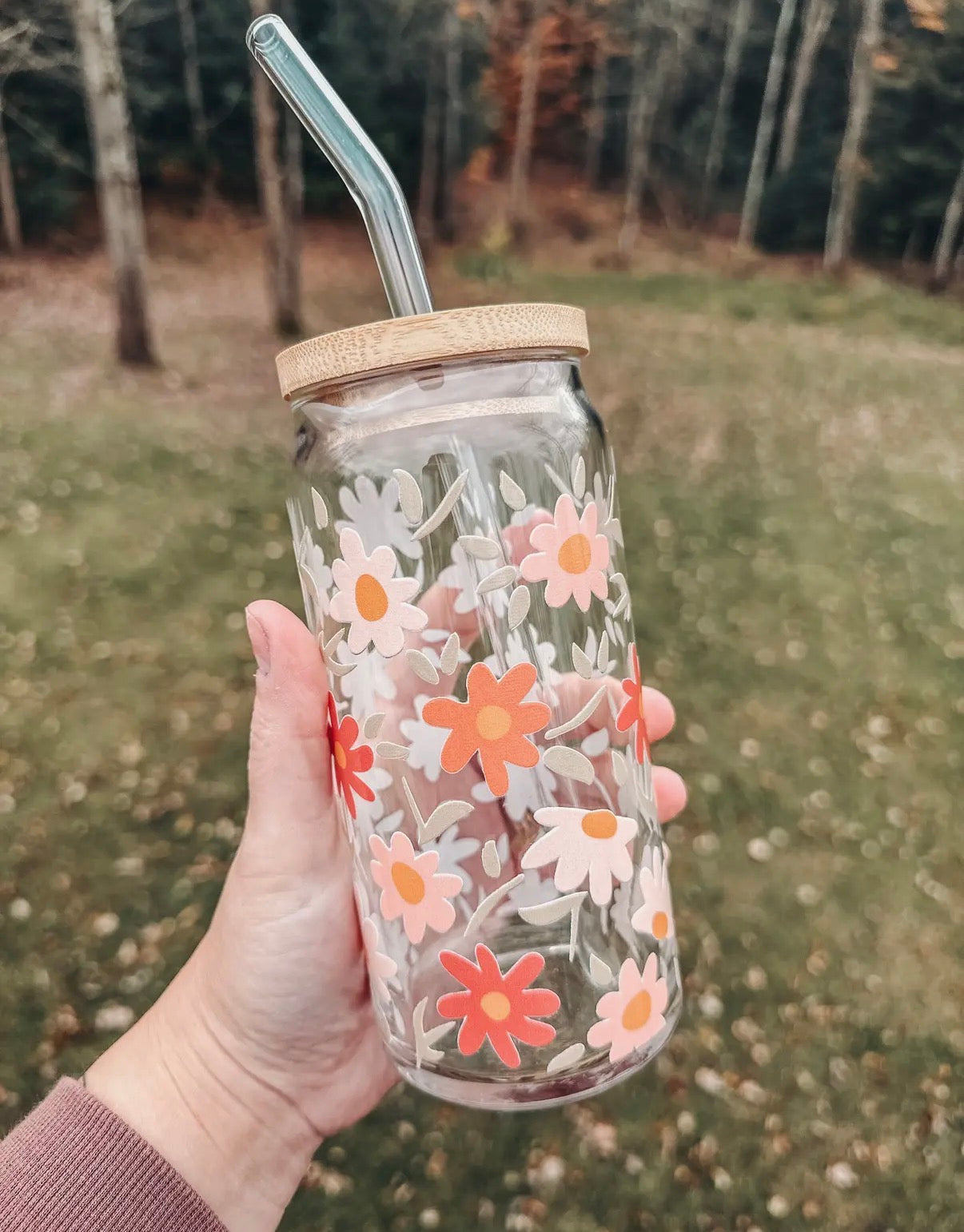 Glass cup with bamboo lid, 20 oz (various patterns)