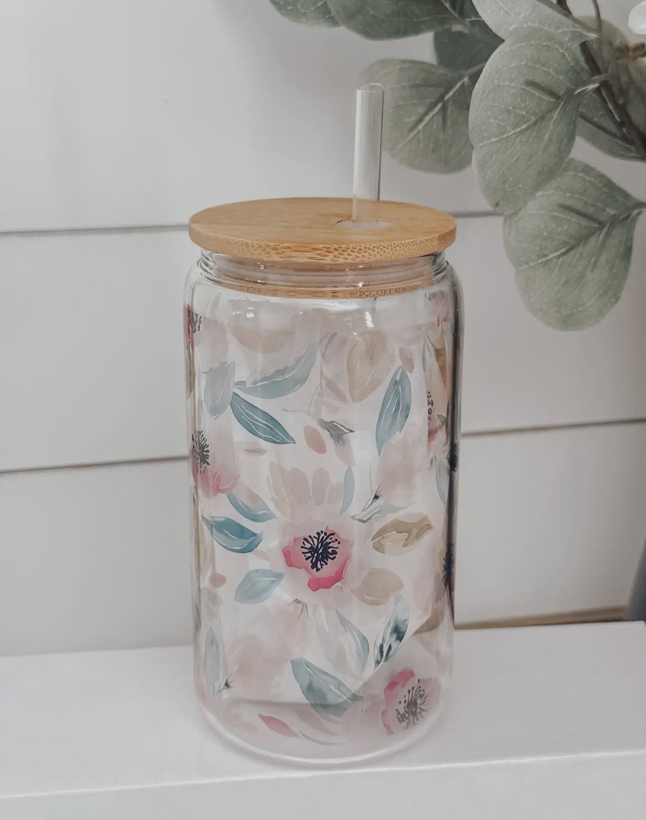 Glass cup with bamboo lid (various patterns)