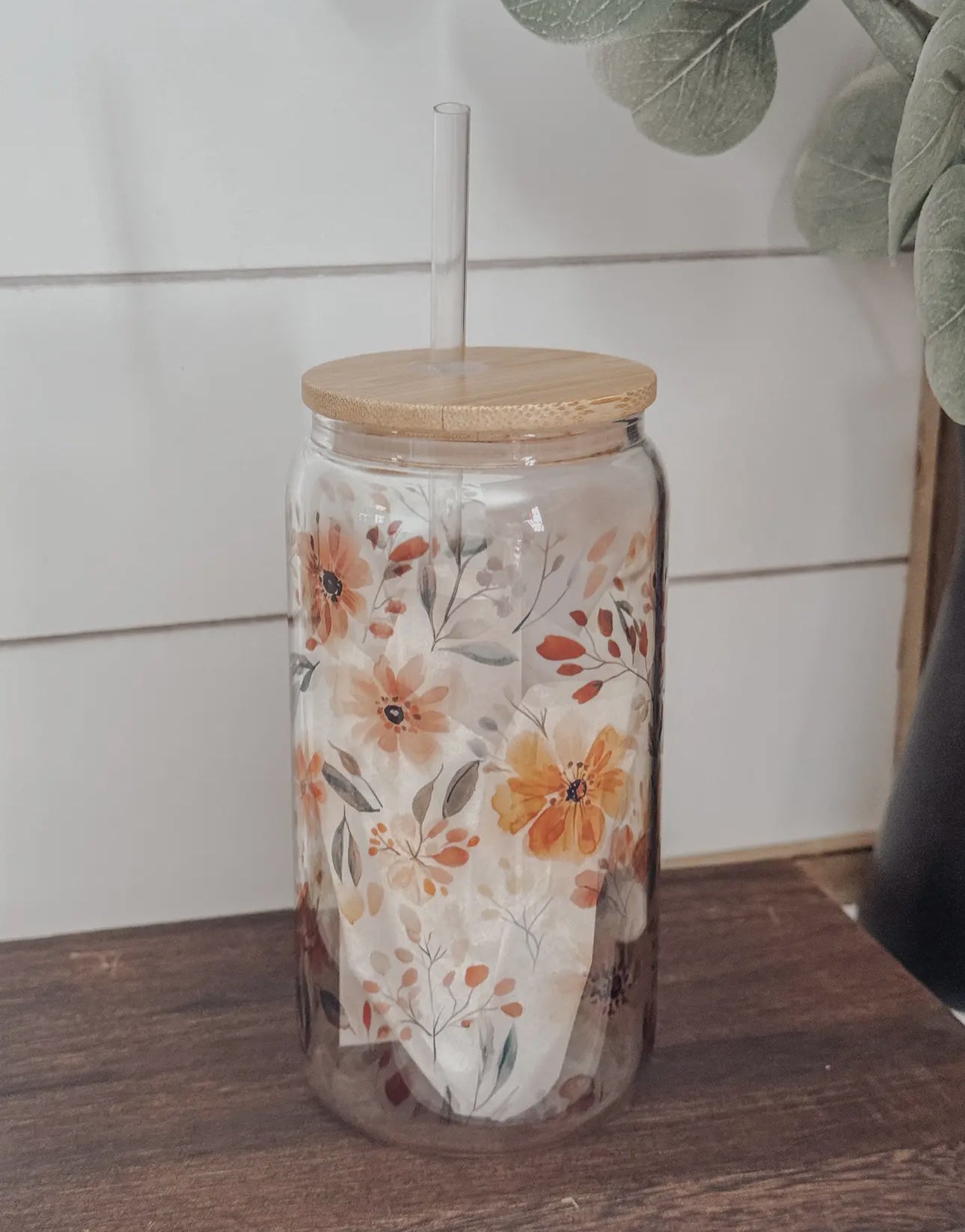 Glass cup with bamboo lid (various patterns)